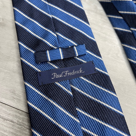 Paul Fredrick Navy, White & Blue Stripe Tie - Picture 3 of 5